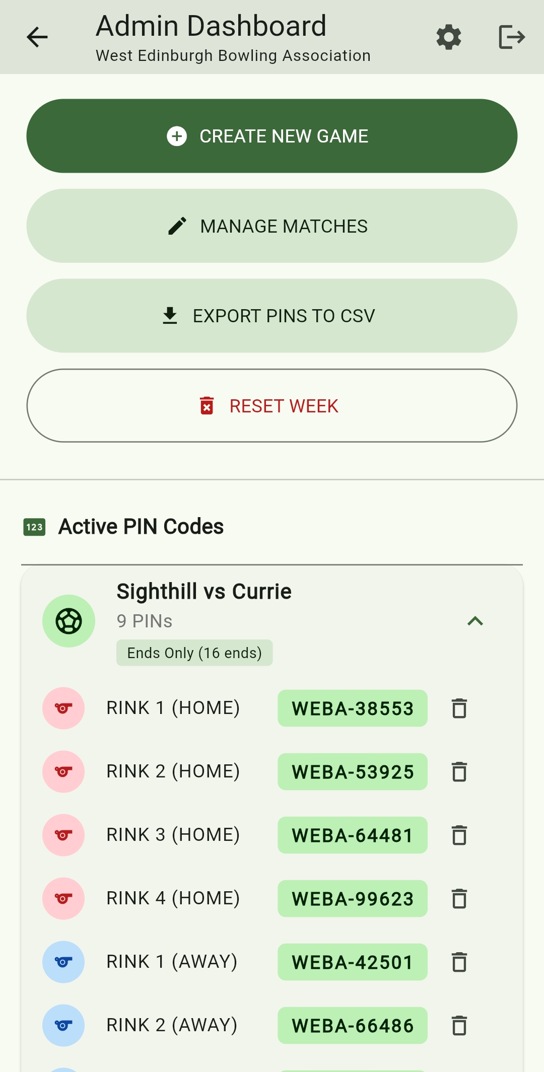 Multi-rink bowling tournament management on WEBA Scoring dashboard