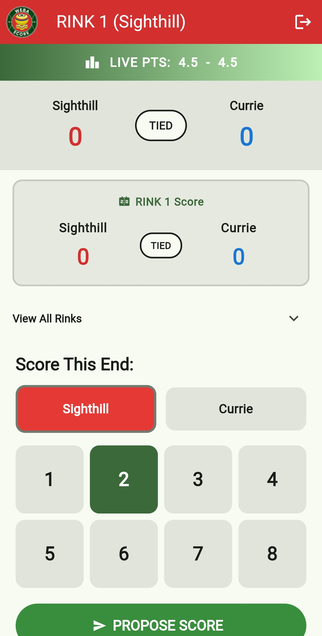 WEBA Scoring digital scorecard interface showing real-time lawn bowls scores