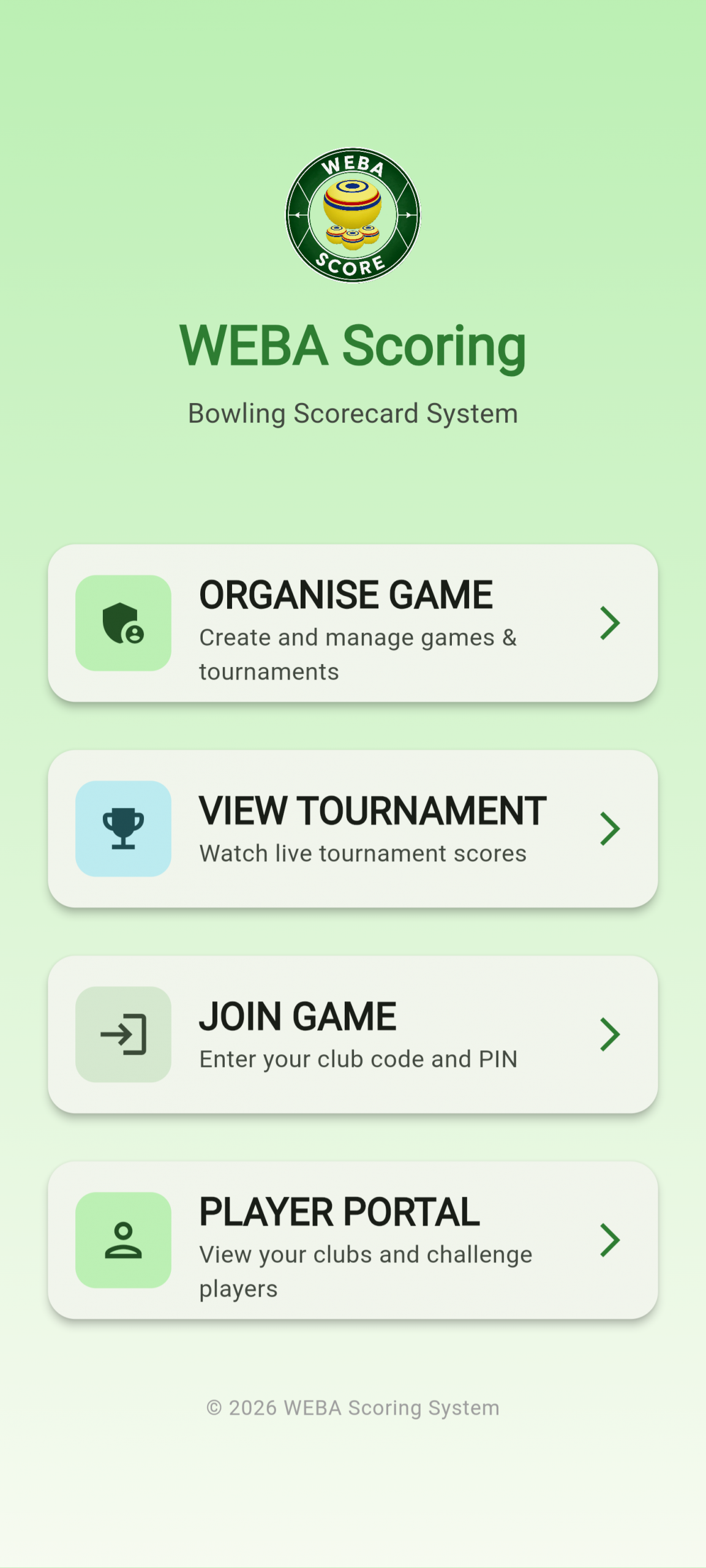 WEBA Score main dashboard