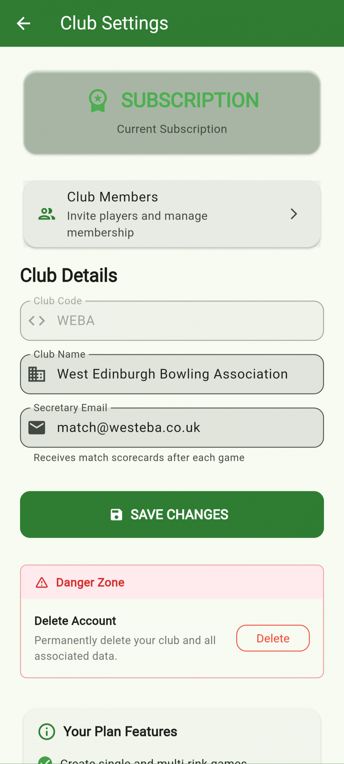 Club settings