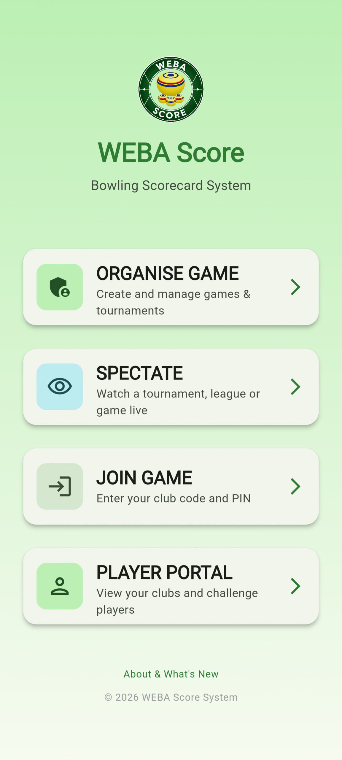 WEBA Score main dashboard