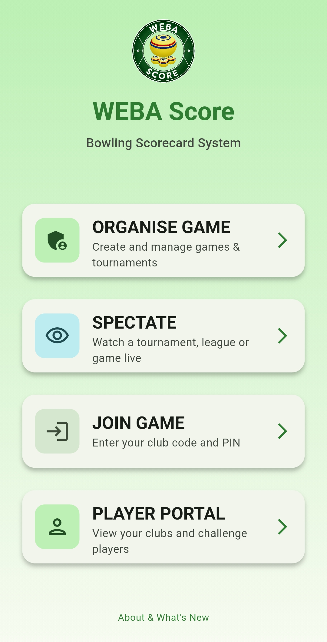 WEBA Score main menu